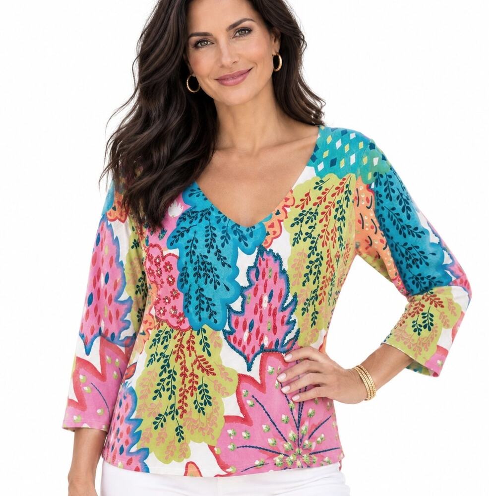 Alberto Makali Colorful Floral Top Womens Large Sequin Beaded V-Neck Sparkle